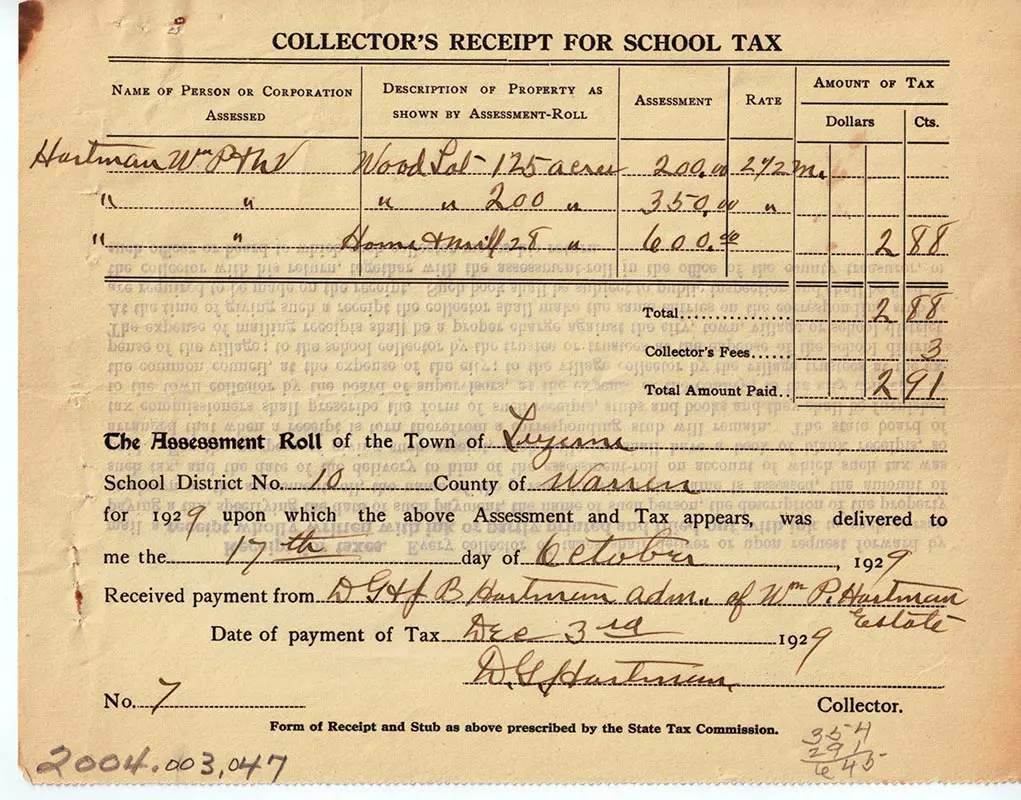 Town of Luzerne Collector's Receipt for School Tax