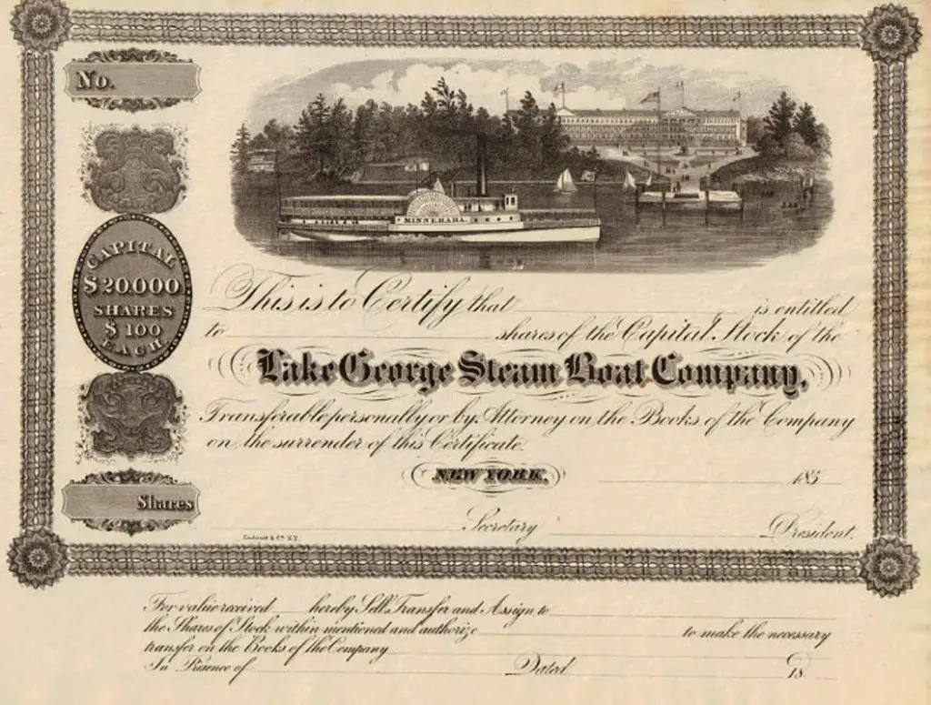 Stock Certificate for the Lake George Steamboat Company